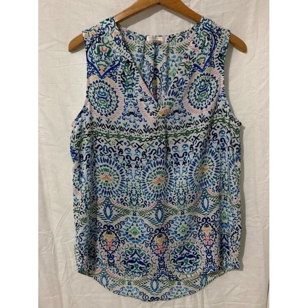 Sleeveless V-Neck Blouse Women M Loose Print Boho Resort Core Tank Multi-Color